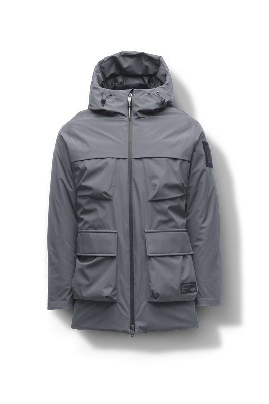 Ronin Men's Performance Utility Jacket in thigh length, premium 3-ply micro denier and stretch ripstop fabrication, Premium Canadian origin White Duck Down insulation, non-removable down-filled hood, bellow chest pockets, magnetic closure waist flap pockets, two-way centre-front zipper, pit zipper vents, hidden adjustable waist drawcord, in Concrete + Concrete
