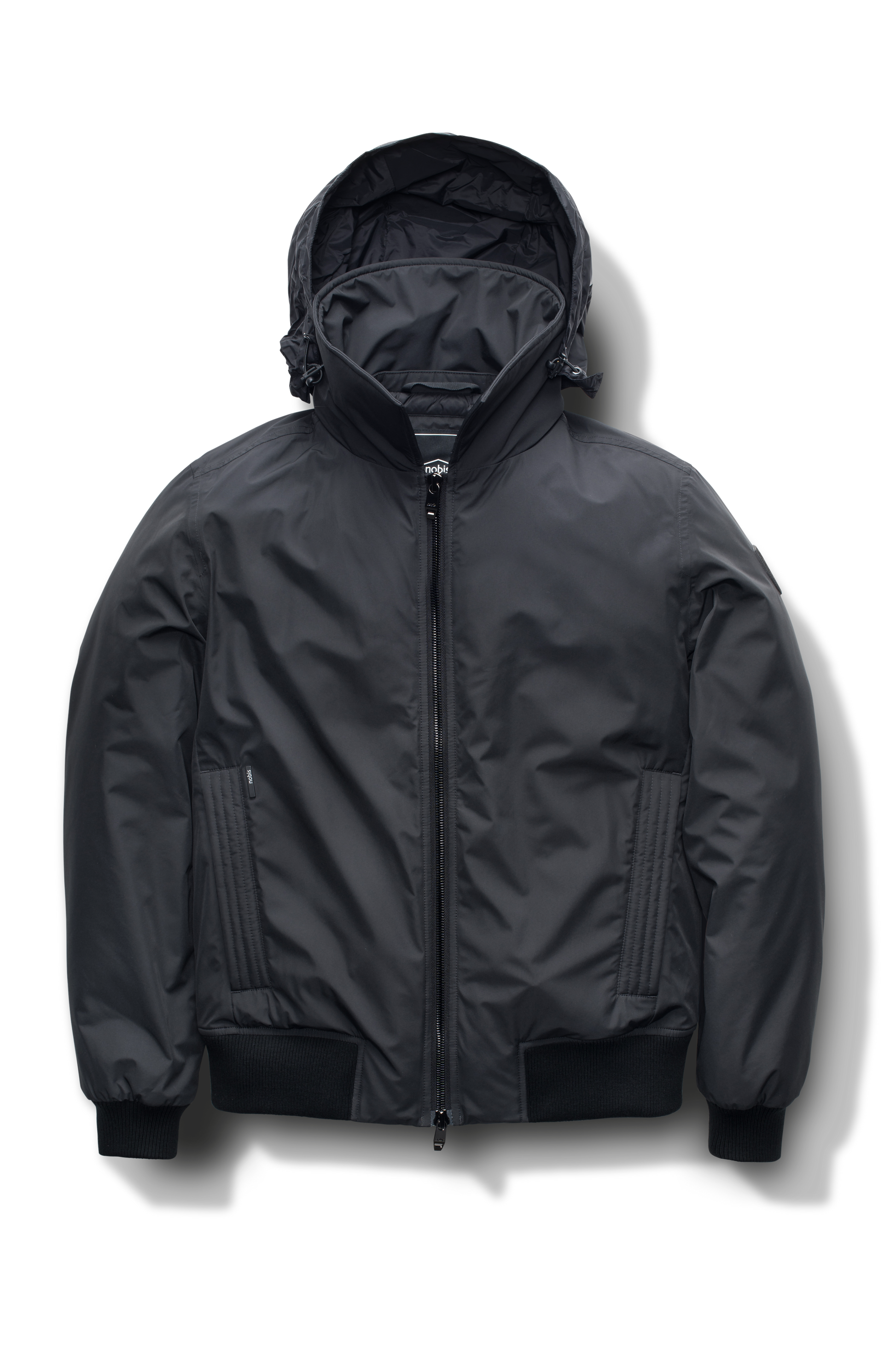 Sonar Men's Aviator Jacket in hip length, Canadian duck down insulation, removable shearling collar with hidden tuckable hood, and two-way front zipper, in Black