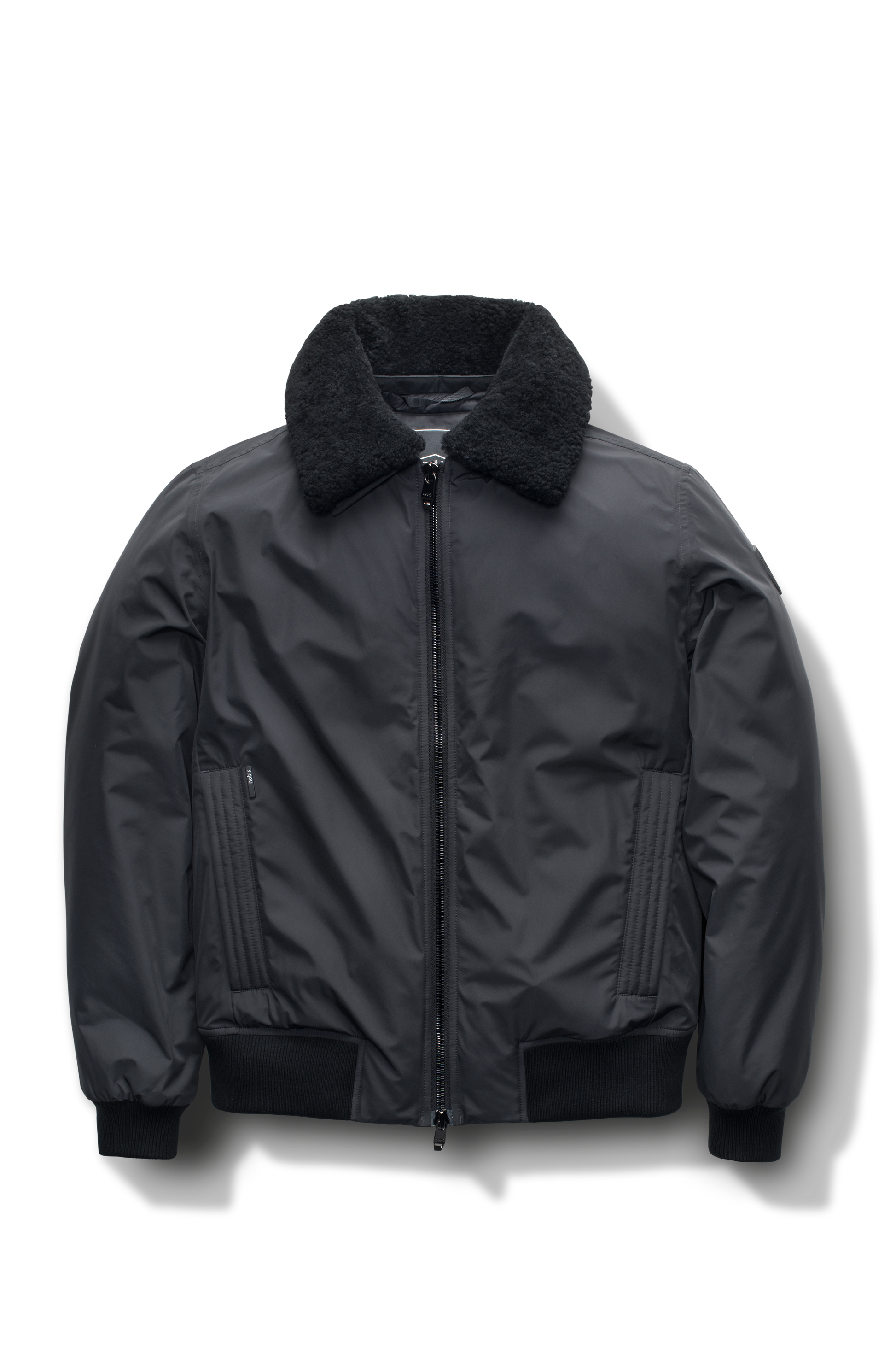 Sonar Men's Aviator Jacket in hip length, Canadian duck down insulation, removable shearling collar with hidden tuckable hood, and two-way front zipper, in Black