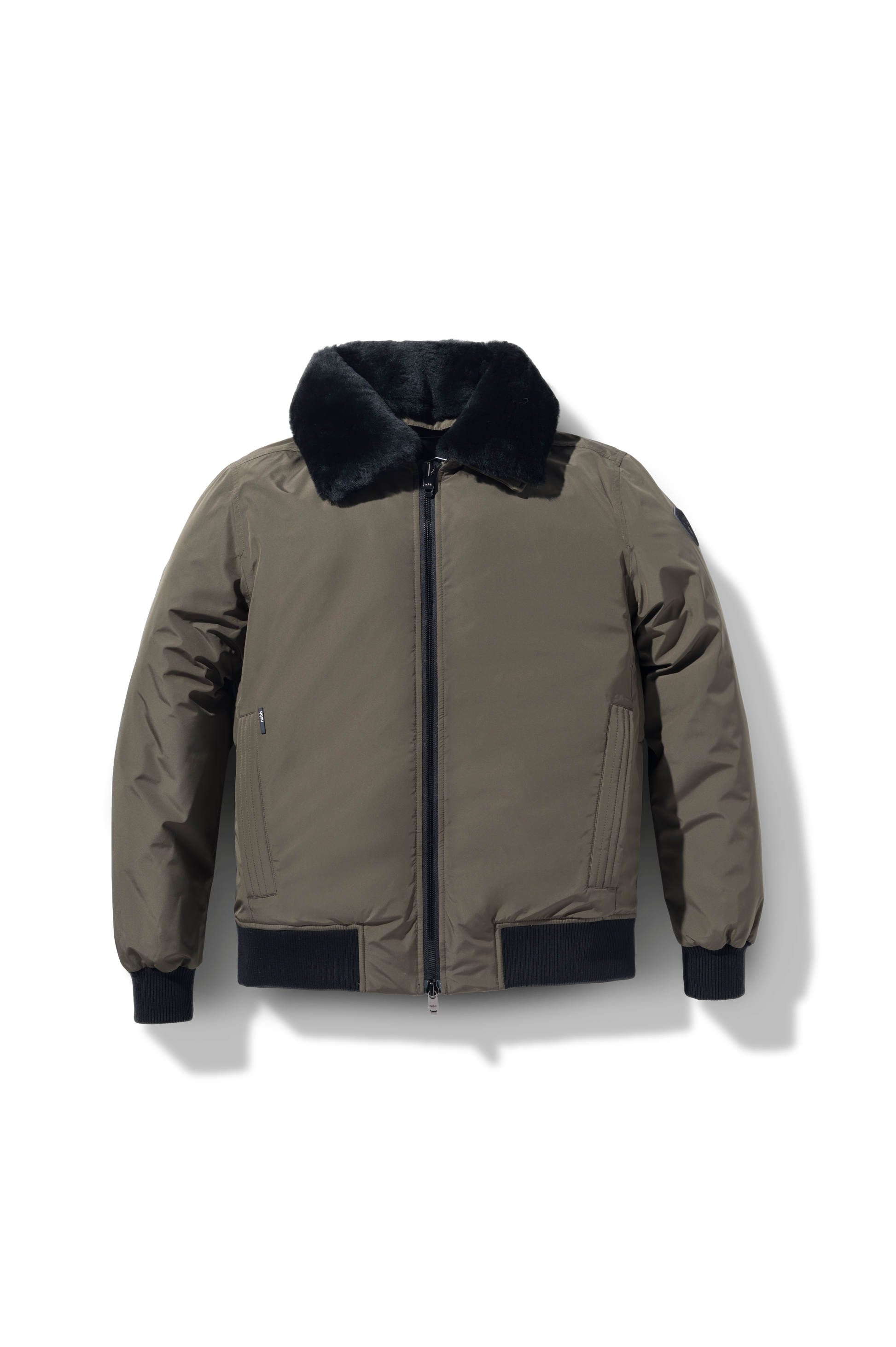 Sonar Men's Aviator Jacket in hip length, Canadian duck down insulation, removable shearling collar with hidden tuckable hood, and two-way front zipper, in Fatigue
