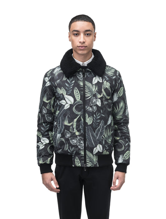 Sonar Men's Aviator Jacket in hip length, Canadian duck down insulation, removable shearling collar with hidden tuckable hood, and two-way front zipper, in Foliage + Foliage