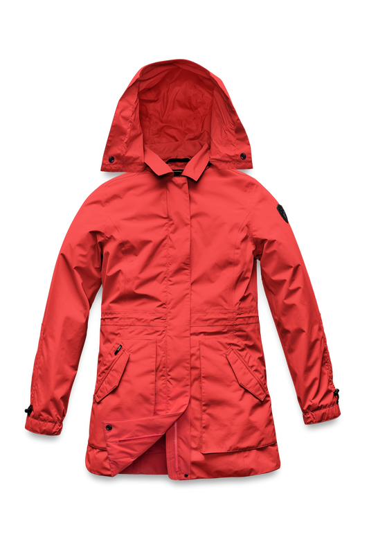 Women's thigh length raincoat with collar and non-removable hood in Vermillion + Vermillion