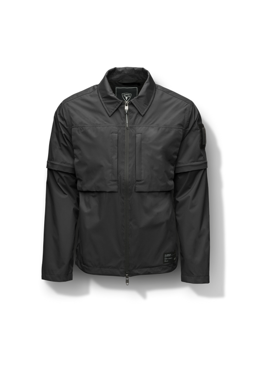 Thurlow Men's Performance Zip Off Sleeve Rain Shirt in hip length, convertible collar, patch chest zipper pockets, hidden in-seam pockets, zip off sleeves, centre front two-way zipper closure, in Black + Black