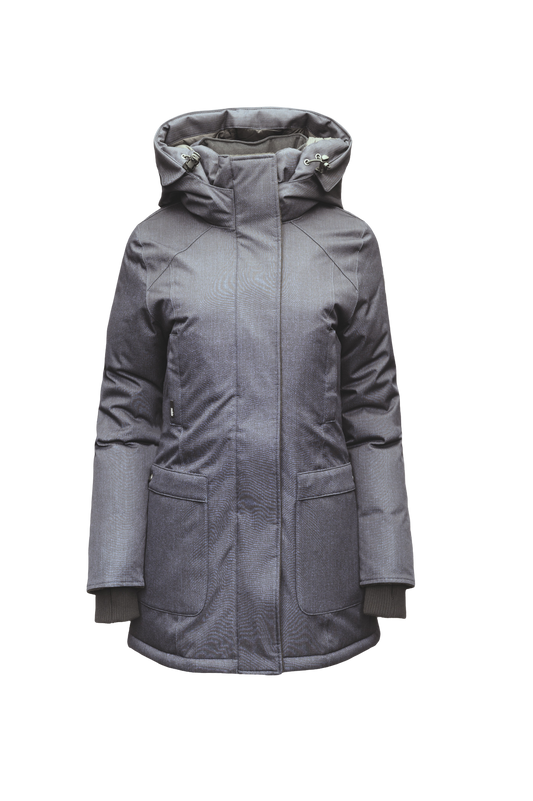 Carla Furless Ladies Parka in thigh length with Canadian Premium White Duck Down insulation, non-removable hood, centre-front zipper with magnetic closure wind flap, and four exterior pockets, in Steel Grey + Steel Grey