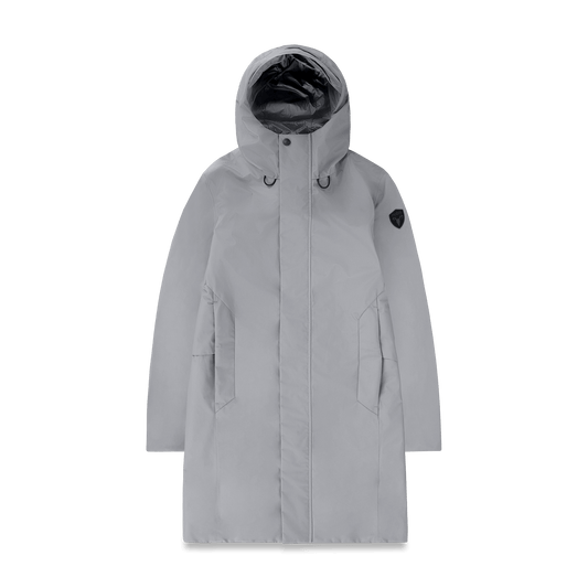 Upton long jacket in Concrete in 3-ply Micro Denier fabric with DWR coating, featuring a two-way zipper with magnetic closure, hidden mesh ventilation, and underarm vents. Designed for weather protection and tailored comfort. + Concrete