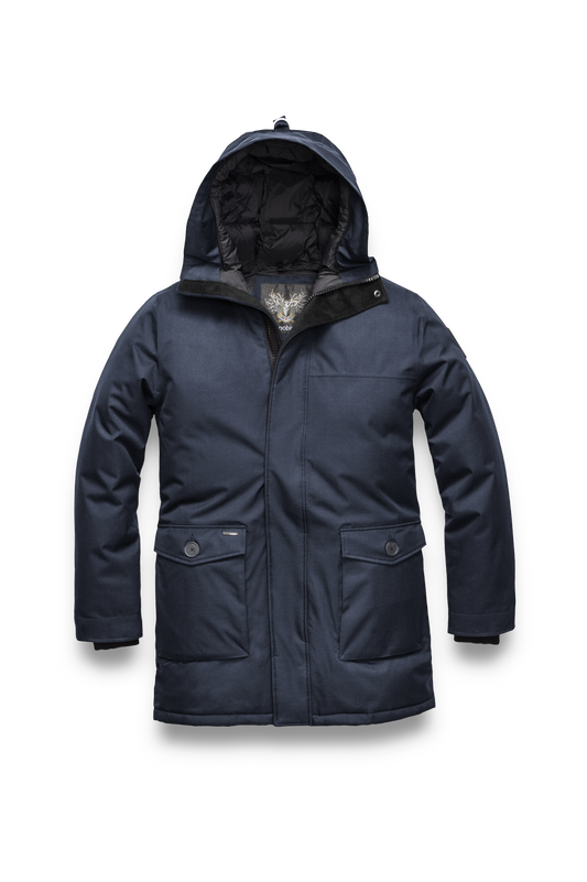 Yves Furless Men's Parka in thigh length, Canadian white duck down insulation, non-removable down-filled hood, flap pockets at waist, centre-front two-way zipper with magnetic wind flap, and elastic ribbed cuffs, in CH Navy + Navy