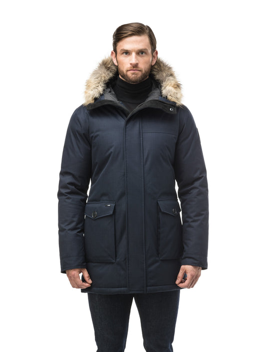 Men's slim fitting waist length parka with removable fur trim on the hood and two waist patch pockets in CH Navy + CH Navy