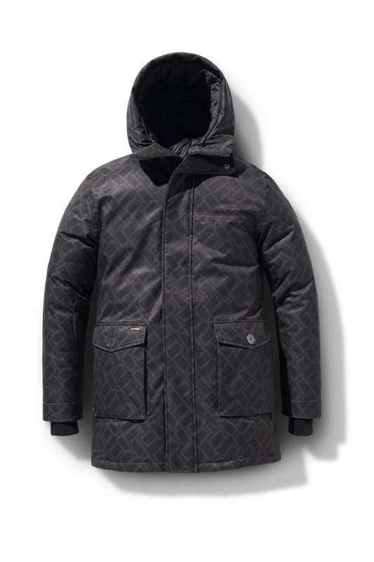 Yves Furless Men's Parka in thigh length, Canadian white duck down insulation, non-removable down-filled hood, flap pockets at waist, centre-front two-way zipper with magnetic wind flap, and elastic ribbed cuffs, in CH Black + Black