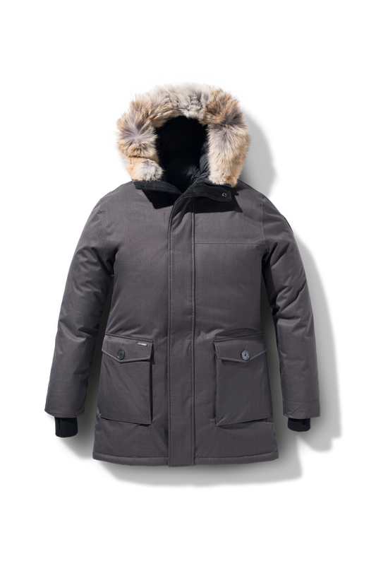 Men's slim fitting waist length parka with removable fur trim on the hood and two waist patch pockets in CH Steel Grey + CH Steel Grey