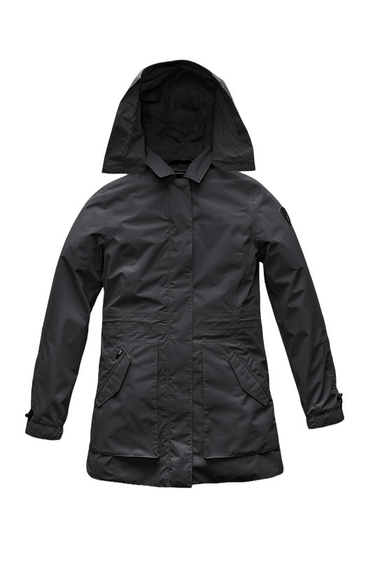 Women's thigh length raincoat with collar and non-removable hood in Black + Black