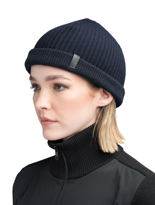 Ardn Unisex Tailored Reversible Knit Beanie in an extra fine merino wool blend, fitted rib knit, and reversible design, in Navy/Wheat + Navy/Wheat