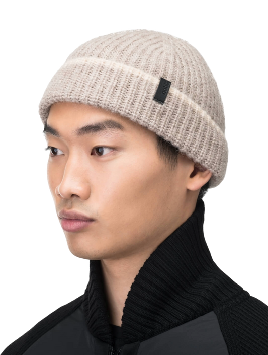 Dres Unisex 6-Dart Toque beanie in superfine alpaca and merino wool, contrast colour knit along cuff, and Nobis embossed leather label at the cuff, in Wheat + Wheat