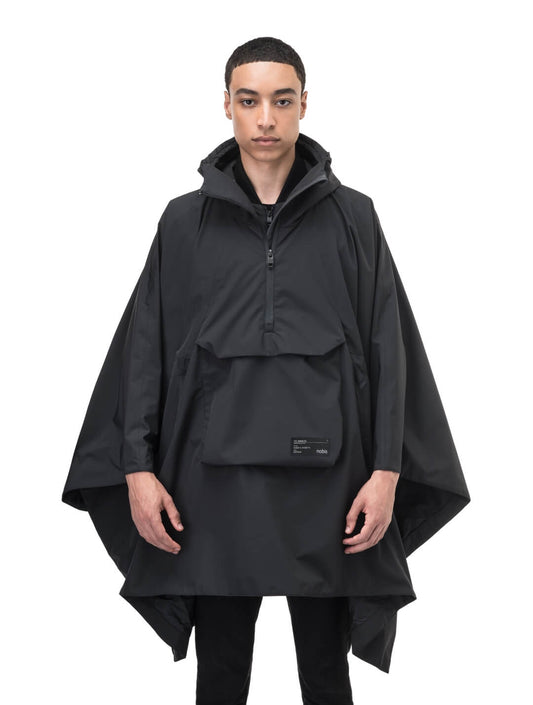Hydra Unisex Performance Poncho in thigh length, non-removable hood, vertical half-zipper along centre front collar, hidden side-entry waist zipper pockets, adjustable webbing straps and snap closure cuffs, and packable to front kangaroo pocket with flap opening, in Black