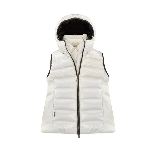 Saratoga puffer vest in Wheat insulated with Canadian white duck down, featuring stretch nylon ribbing for mobility, hidden waist drawcord, and a tailored fit for warmth and style. Lightweight and ideal for layering. + Wheat