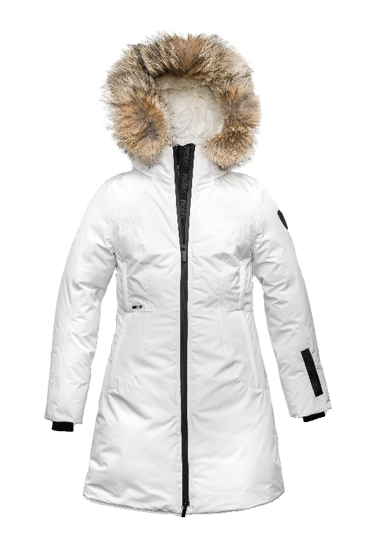 Ladies thigh length down-filled parka with non-removable hood and removable coyote fur trim in Chalk + Chalk