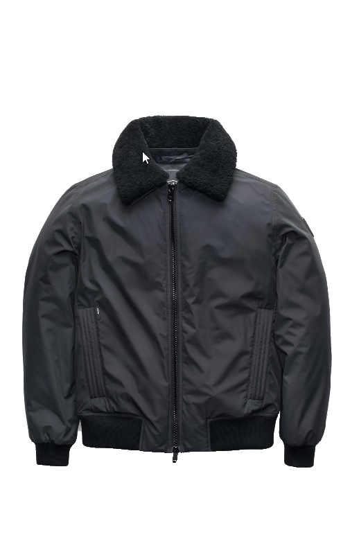 Sonar Men's Aviator Jacket in hip length, Canadian duck down insulation, removable shearling collar with hidden tuckable hood, and two-way front zipper, in Black + Black