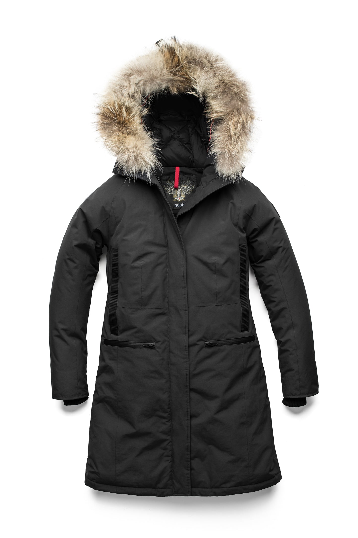 Knee length women's down filled parka with contrast ribbon accents and removable fur trim on the hood in Black