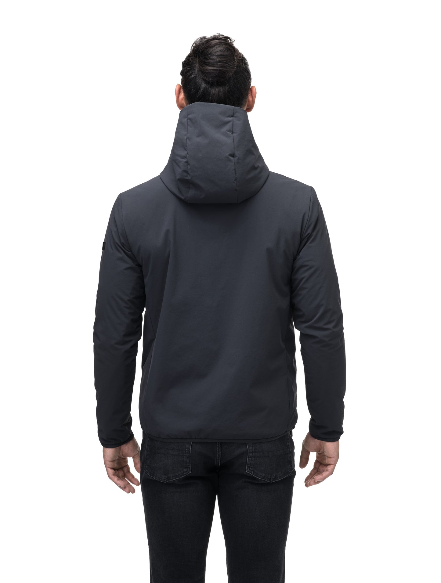 Men's hip length mid layer jacket with non-removable hood and two-way zipper in Black