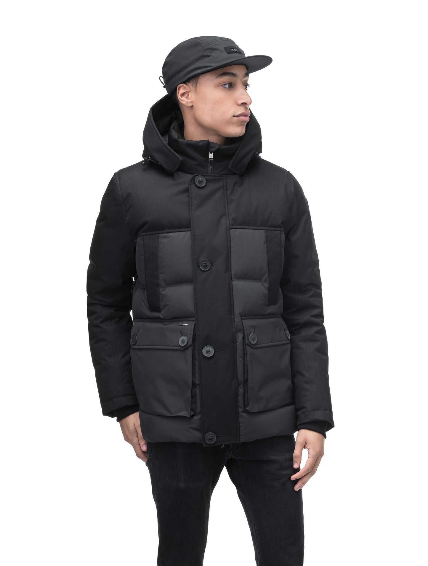 Cardinal Men's Puffer Parka in hip length, Canadian duck down insulation, removable hood, quilted body, and two-way front zipper, in Black