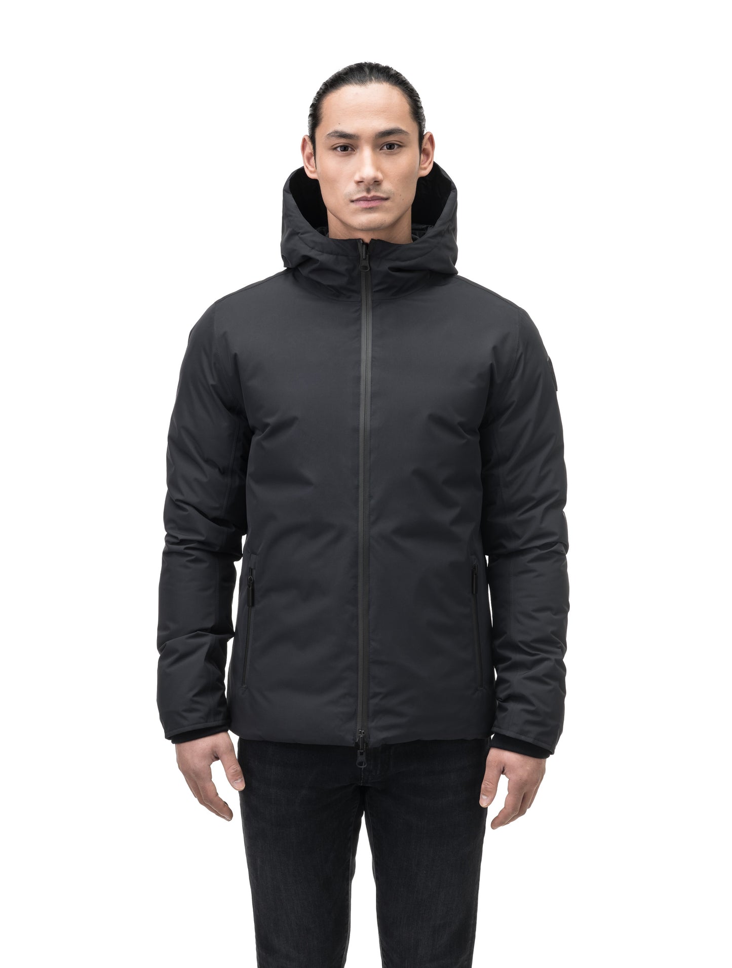 Chris Men's Mid Weight Reversible Puffer Jacket in hip length, Canadian duck down insulation, non-removable adjustable hood, ribbed cuffs, and quilted body on reversible side, in Black