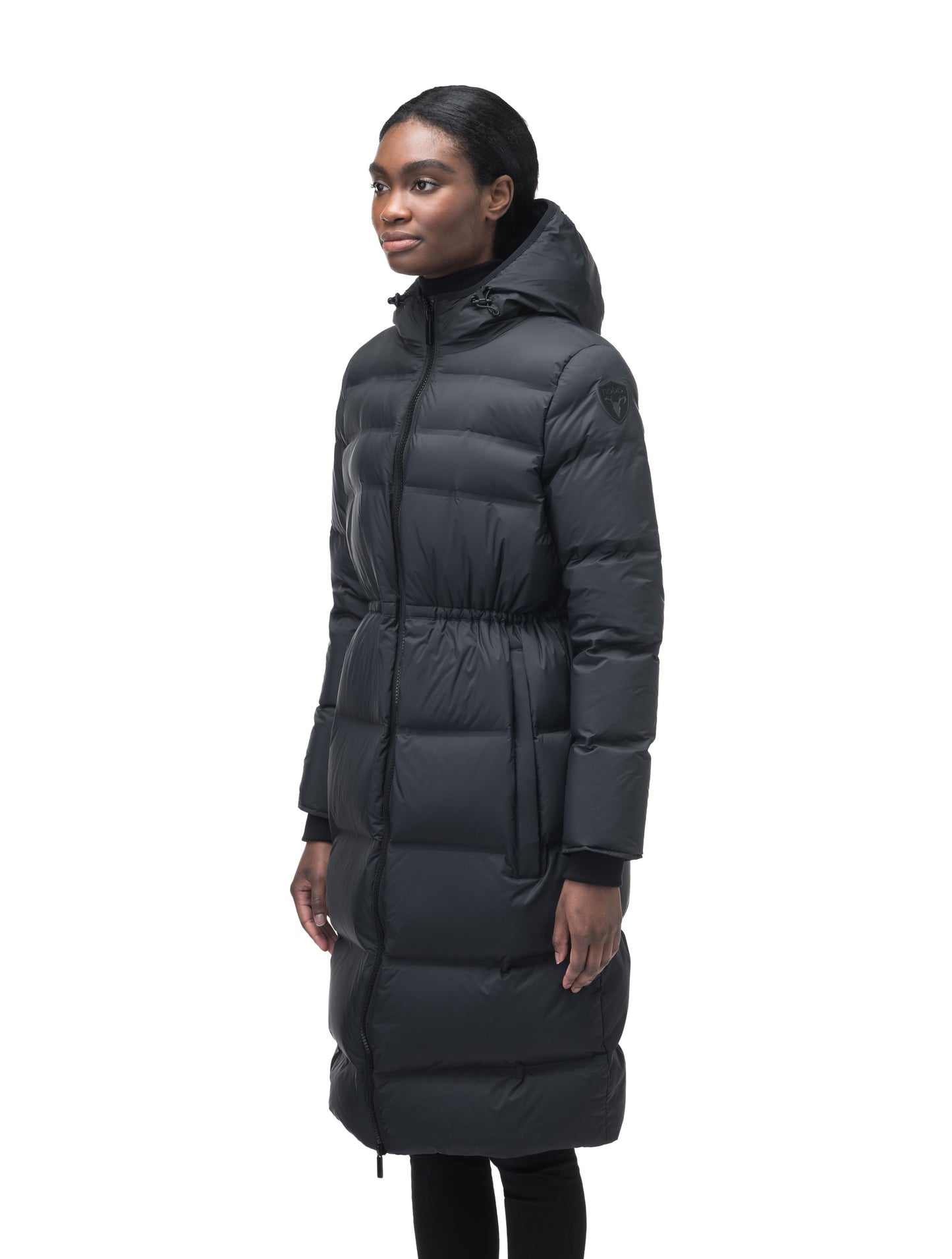 Women's knee length down filled hooded parka with adjustable waist in Black