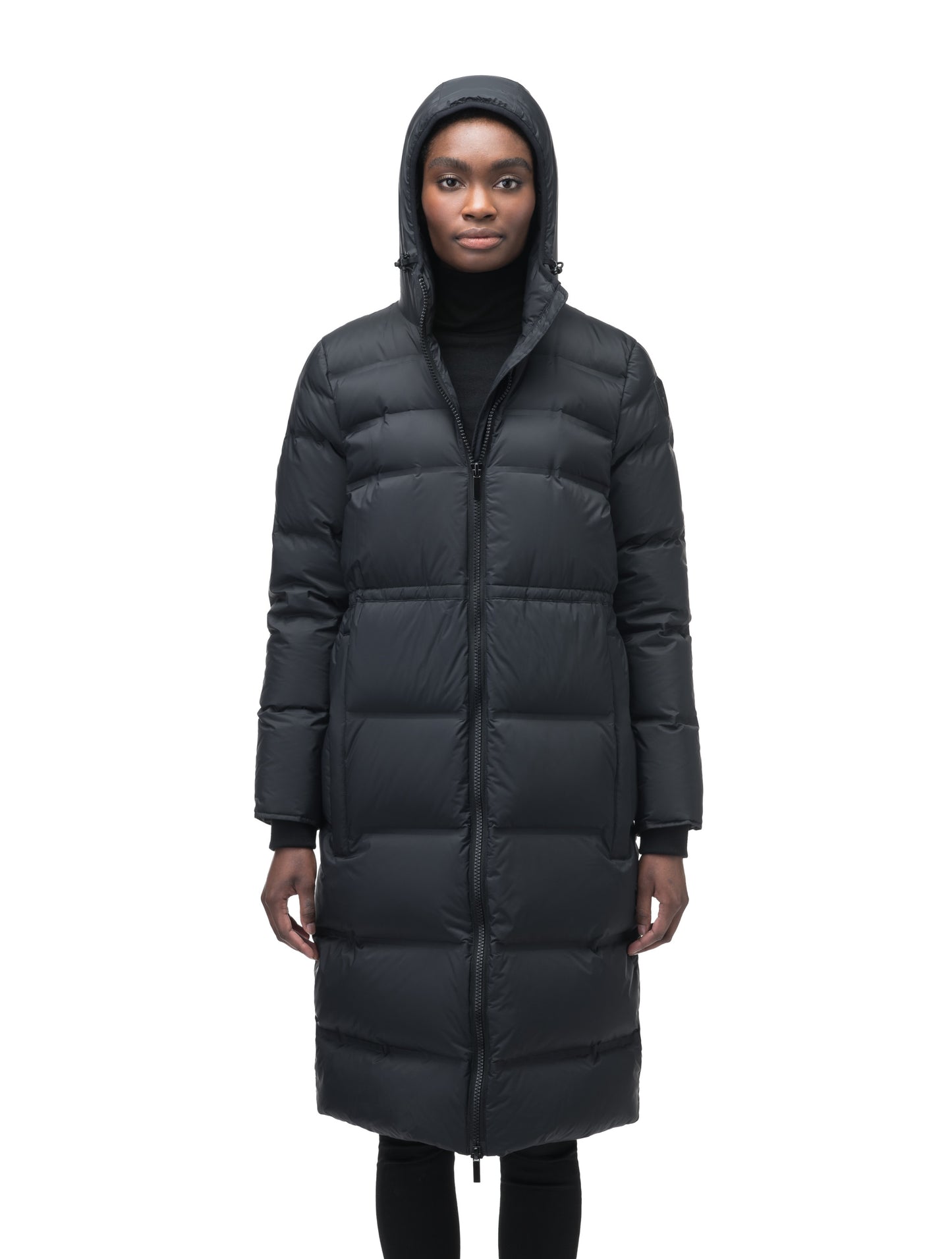 Women's knee length down filled hooded parka with adjustable waist in Black