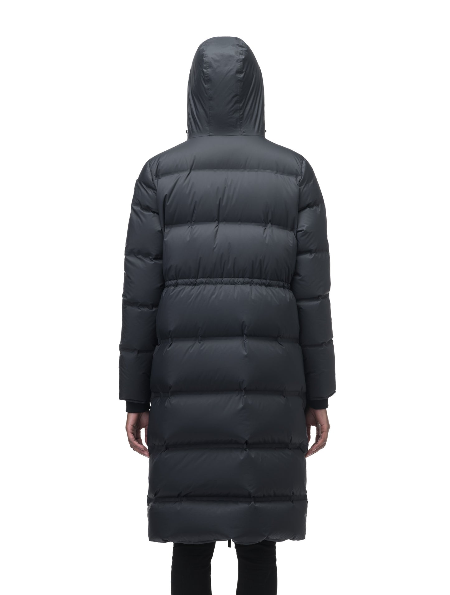 Women's knee length down filled hooded parka with adjustable waist in Black