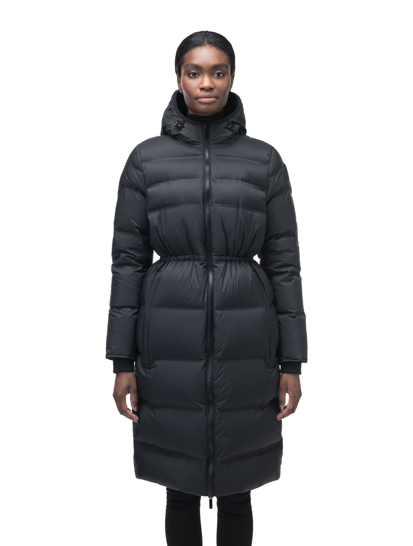 Women's knee length down filled hooded parka with adjustable waist in Black