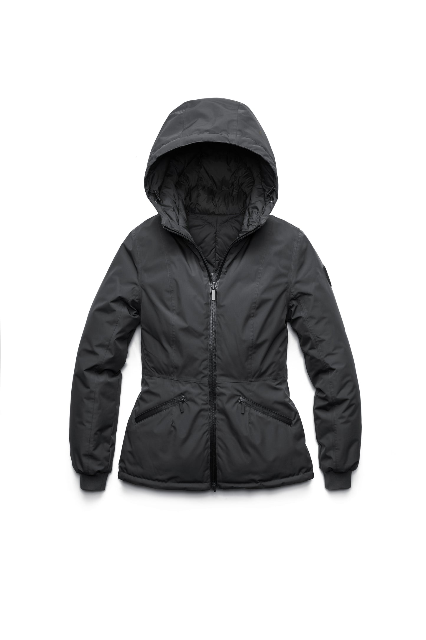 A women's two in one reversible hip length down jacket, one side is quilted and one side is solid waterproof fabric in Black