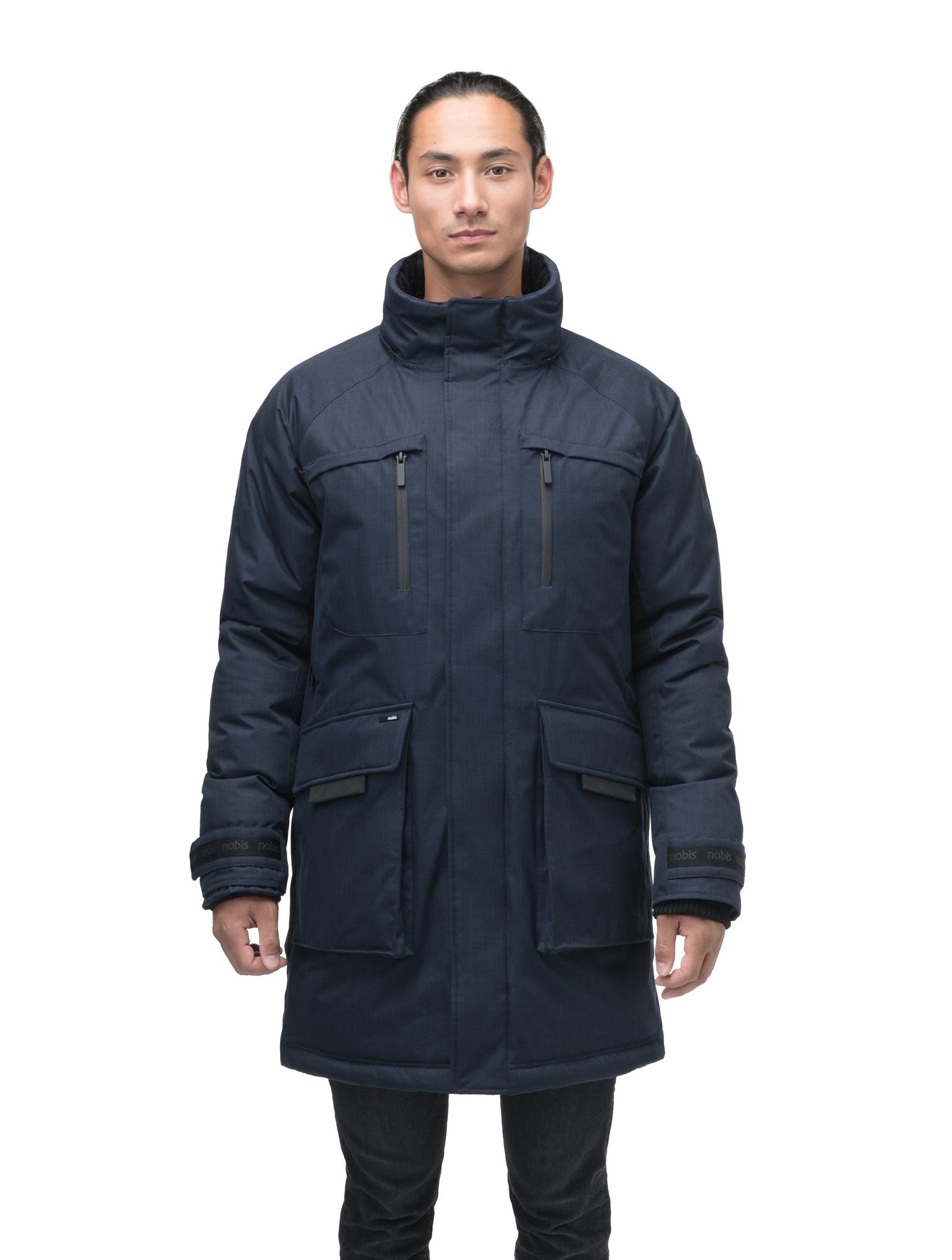 Men's thigh length down-filled parka with removable hood and removable coyote fur trim in Navy