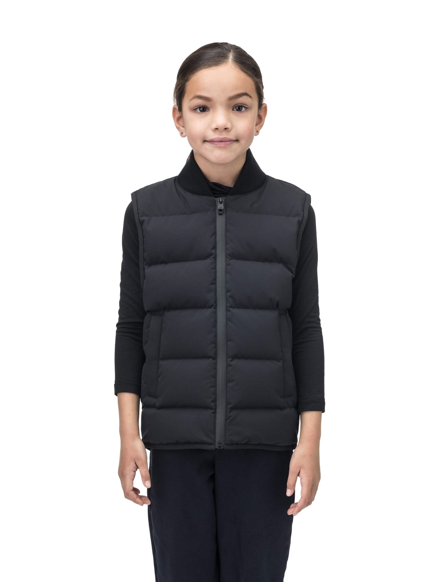 Little Pluto Kids Mid Layer Vest in hip length, Canadian duck down insulation, ribbed collar, two-way front zipper, and quilted body, in Black