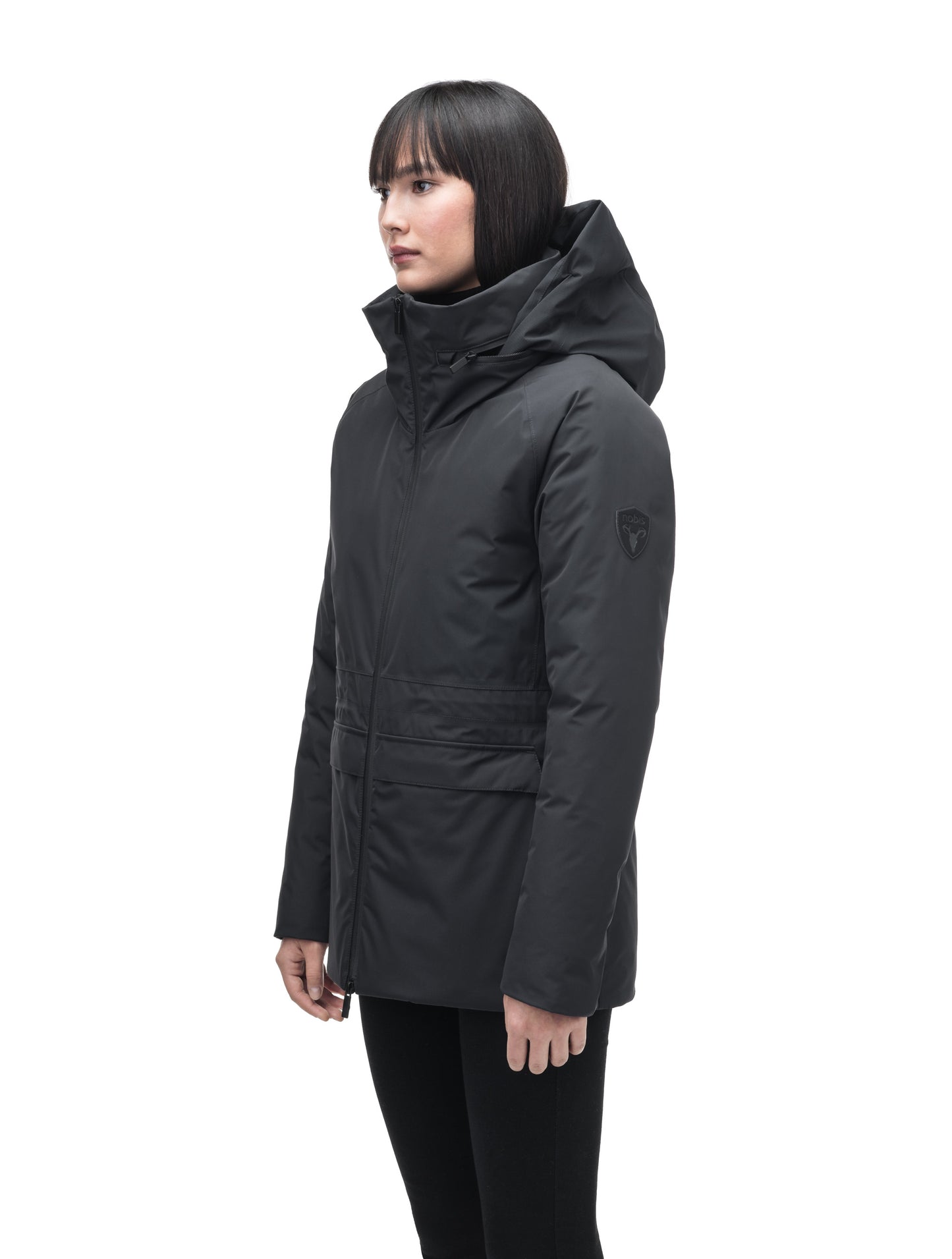 Litho Ladies Short Parka in hip length, Canadian duck down insulation, tuckable waterproof hood, and two-way zipper, in Black