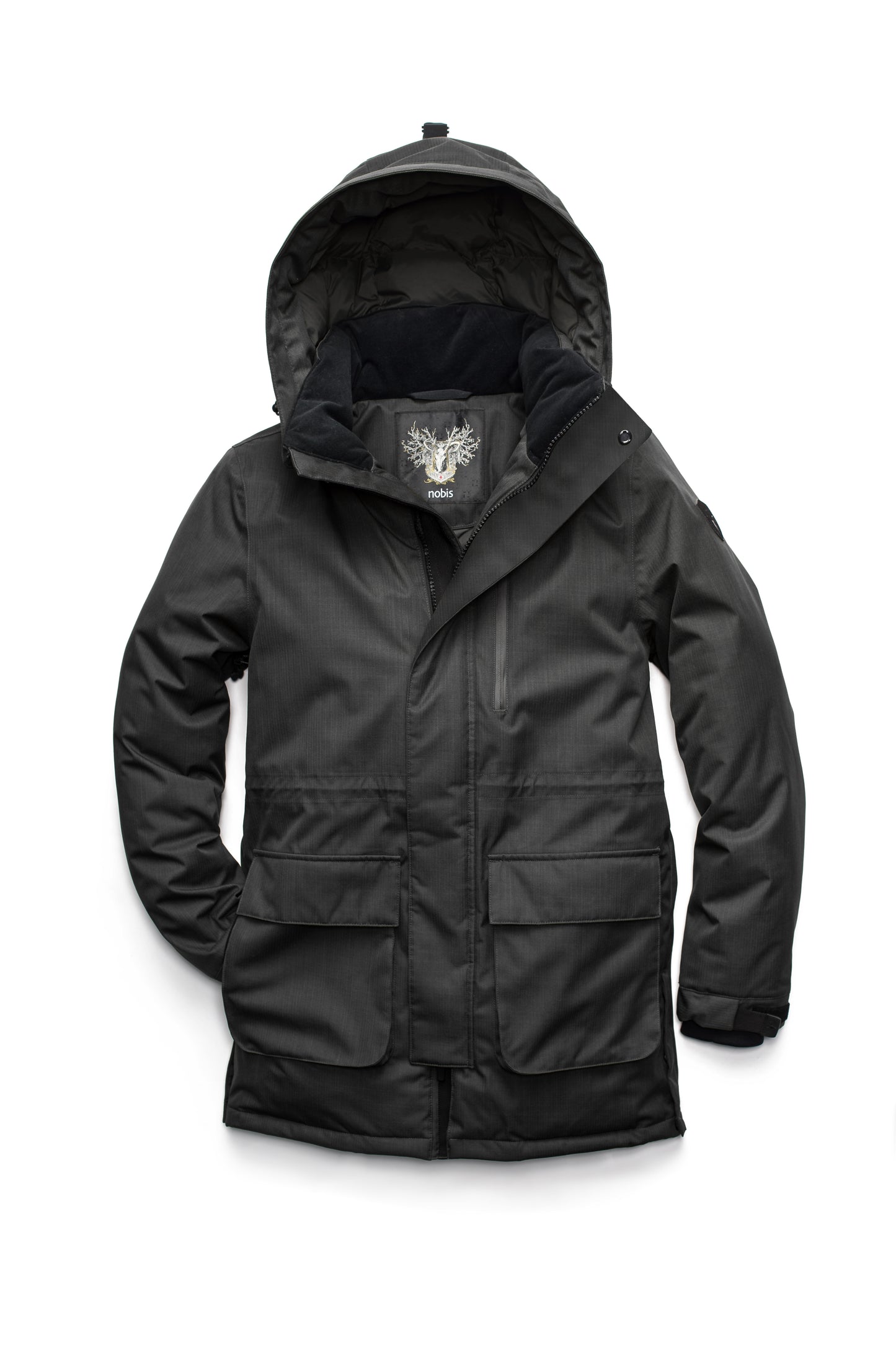 Mid weight men's down filled parka with two patch pockets at the hip and snap closure side vents in Black