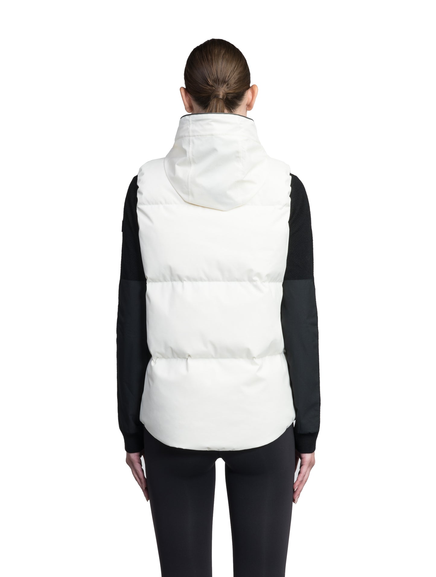 Oren Ladies Performance Vest in hip length, Durable Stretch Ripstop and 3-Ply Micro Denier fabrication, Premium Canadian White Duck Down insulation, tuck-away waterproof hood, and two-way centre front zipper, in Chalk