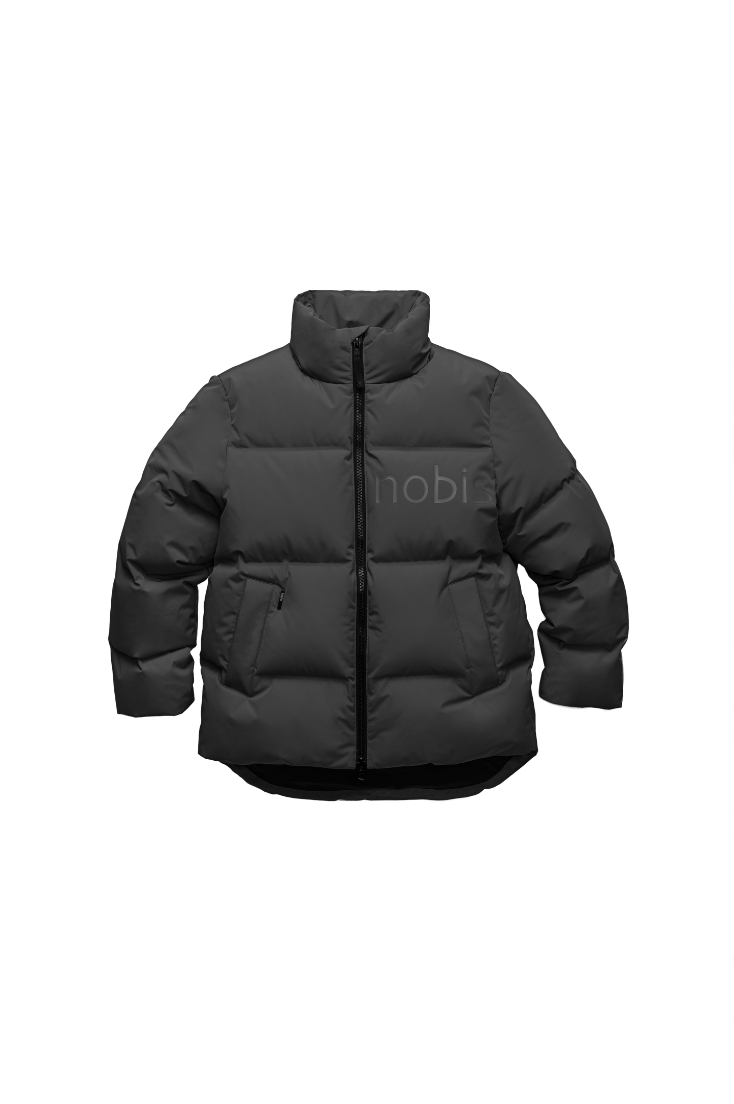 Women's puffer jacket with a minimalist modern design; featuring graphic details like oversized tonal branding, an exposed zipper, and seamless puffer channels to lock in the Premium Canadian Origin White Duck Down in Black