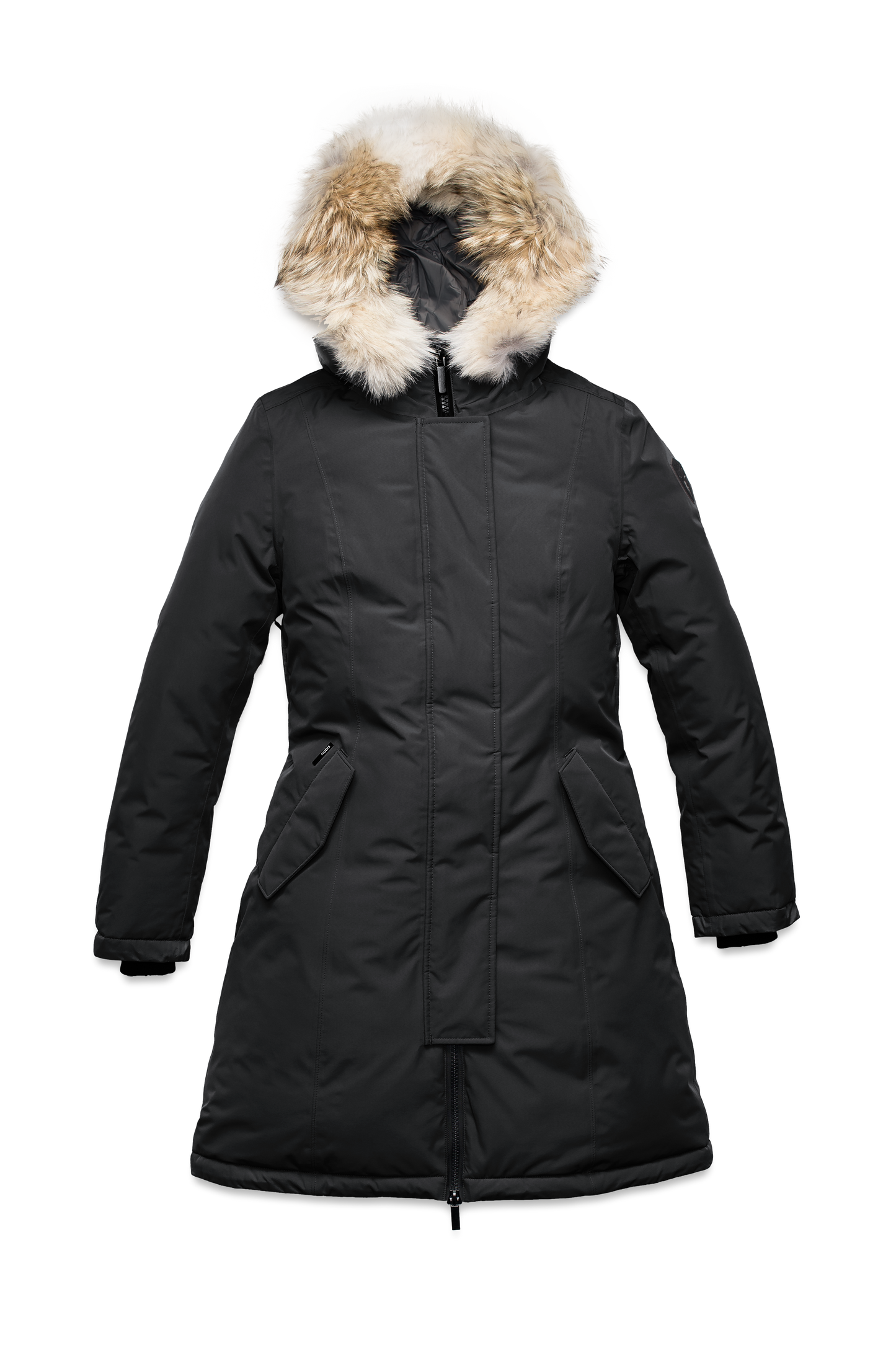 Ladies thigh length down-filled parka with non-removable hood and removable coyote fur trim in Black