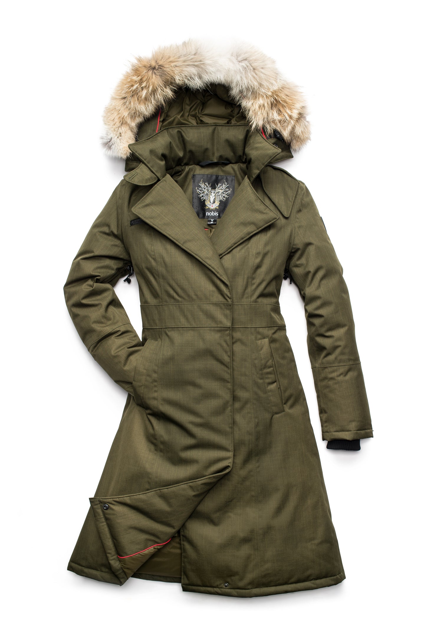 Long calf length women's trench inspired parka with removable fur trim around the hood and an asymetric closure in Fatigue