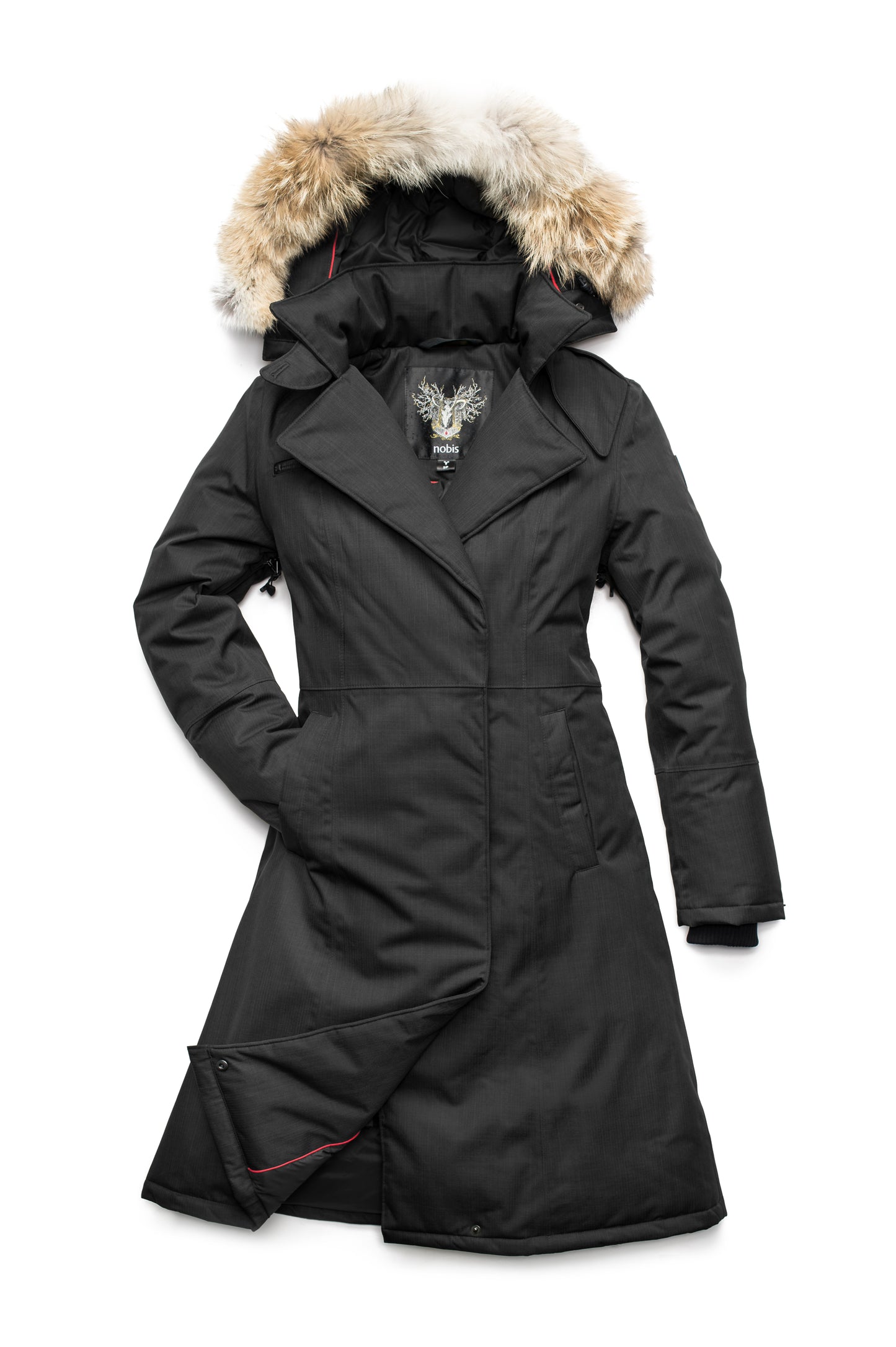 Long calf length women's trench inspired parka with removable fur trim around the hood and an asymetric closure in Black