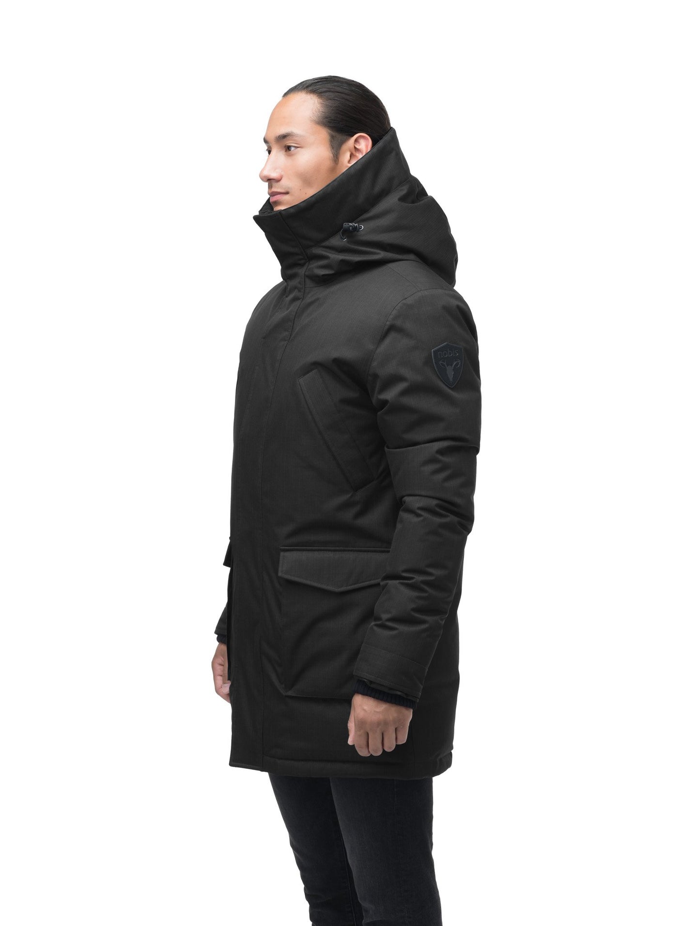 Men's thigh length down-filled parka with non-removable hood in Black