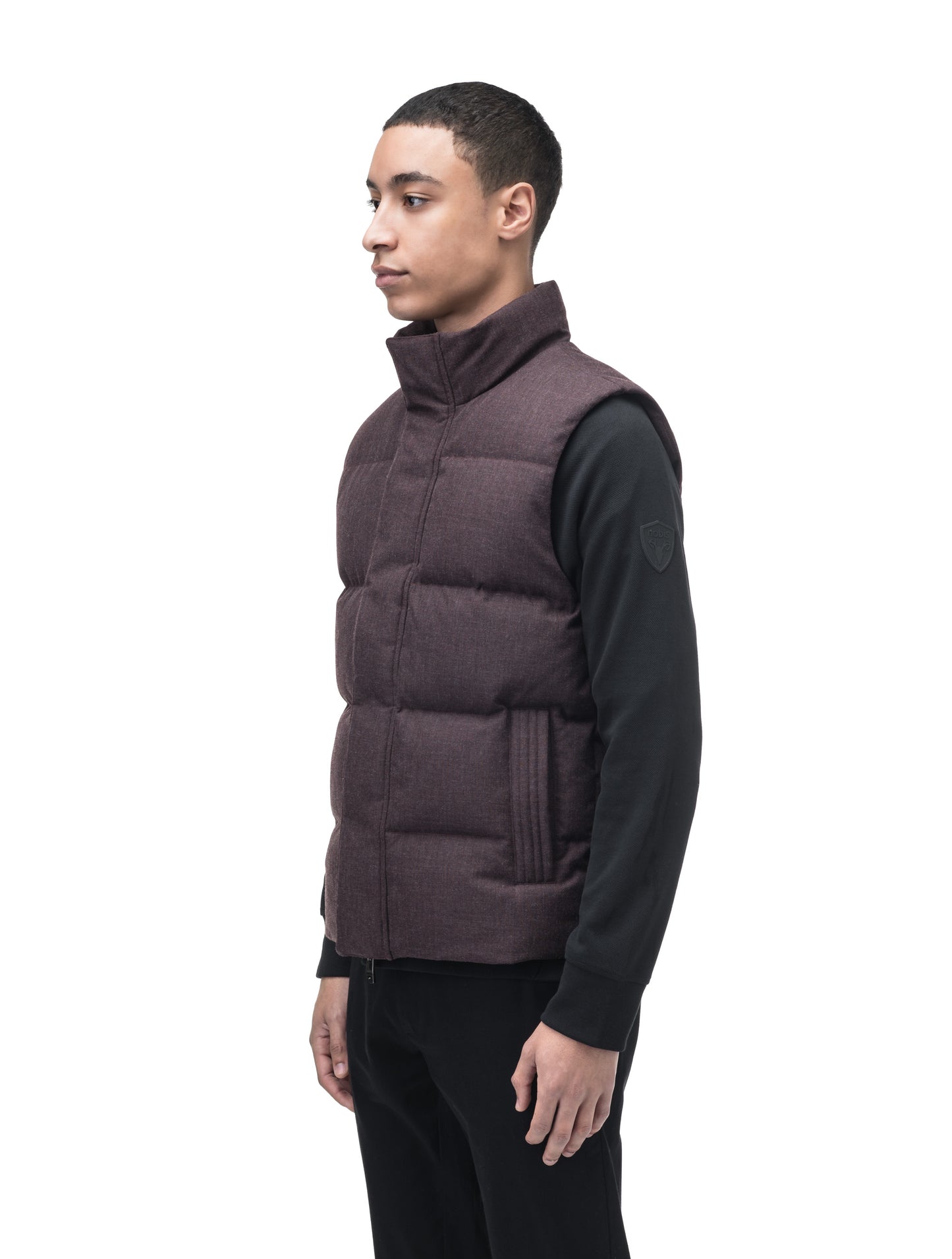 Vale Men's Quilted Vest in hip length, Canadian duck down insulation, and two-way zipper, in H. Burgundy