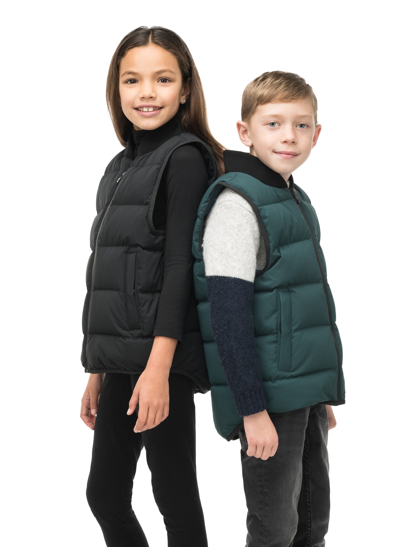 Little Pluto Kids Mid Layer Vest in hip length, Canadian duck down insulation, ribbed collar, two-way front zipper, and quilted body, in Pine