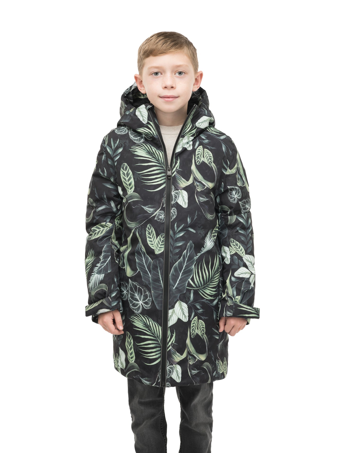 Little Comet Kids Parka in thigh length, Canadian duck down insulation, non-removable hood, two-way front zipper, packable body, in Foliage