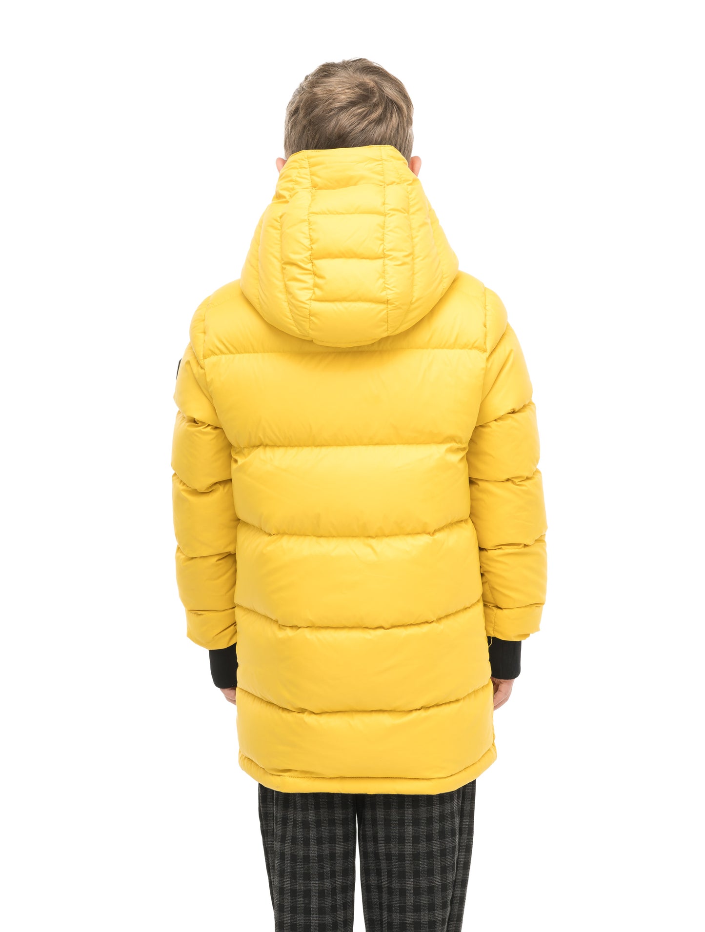 Kids' reversible knee length, down filled parka with waterproof finish in Marine/Citron