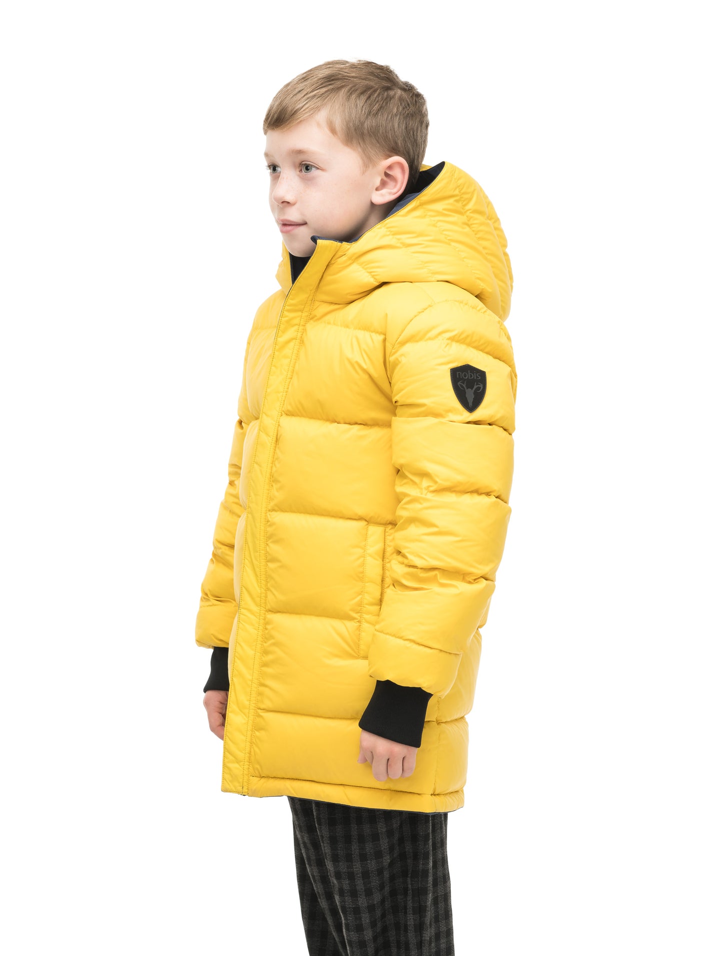 Kids' reversible knee length, down filled parka with waterproof finish in Marine/Citron