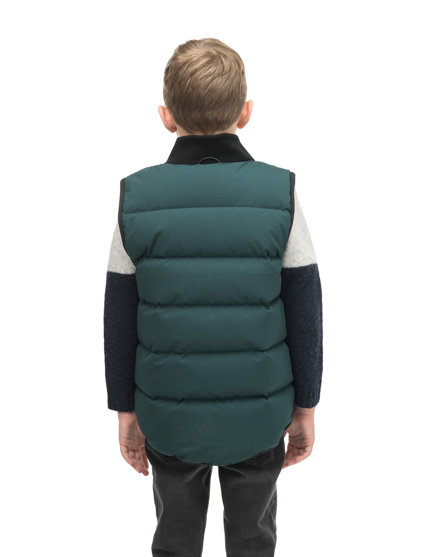 Little Pluto Kids Mid Layer Vest in hip length, Canadian duck down insulation, ribbed collar, two-way front zipper, and quilted body, in Pine