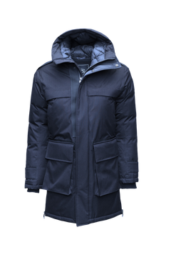 Alum Men's Long Parka in thigh length, Premium Canadian White Duck Down insulation, non-removable hood with removable coyote fur trim, two-way centre front zipper with magnetic closure wind flap, four exterior patch pockets at front, in Navy