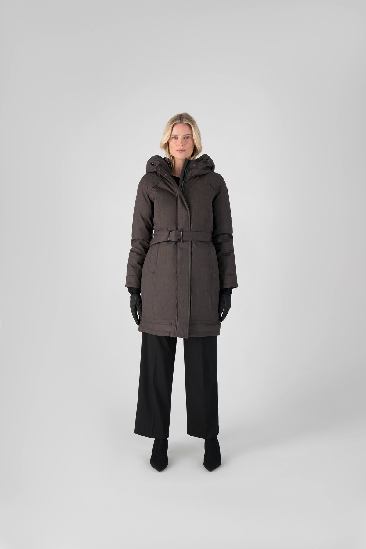 Women's Thigh length own parka with a furless oversized hood in Steel Grey