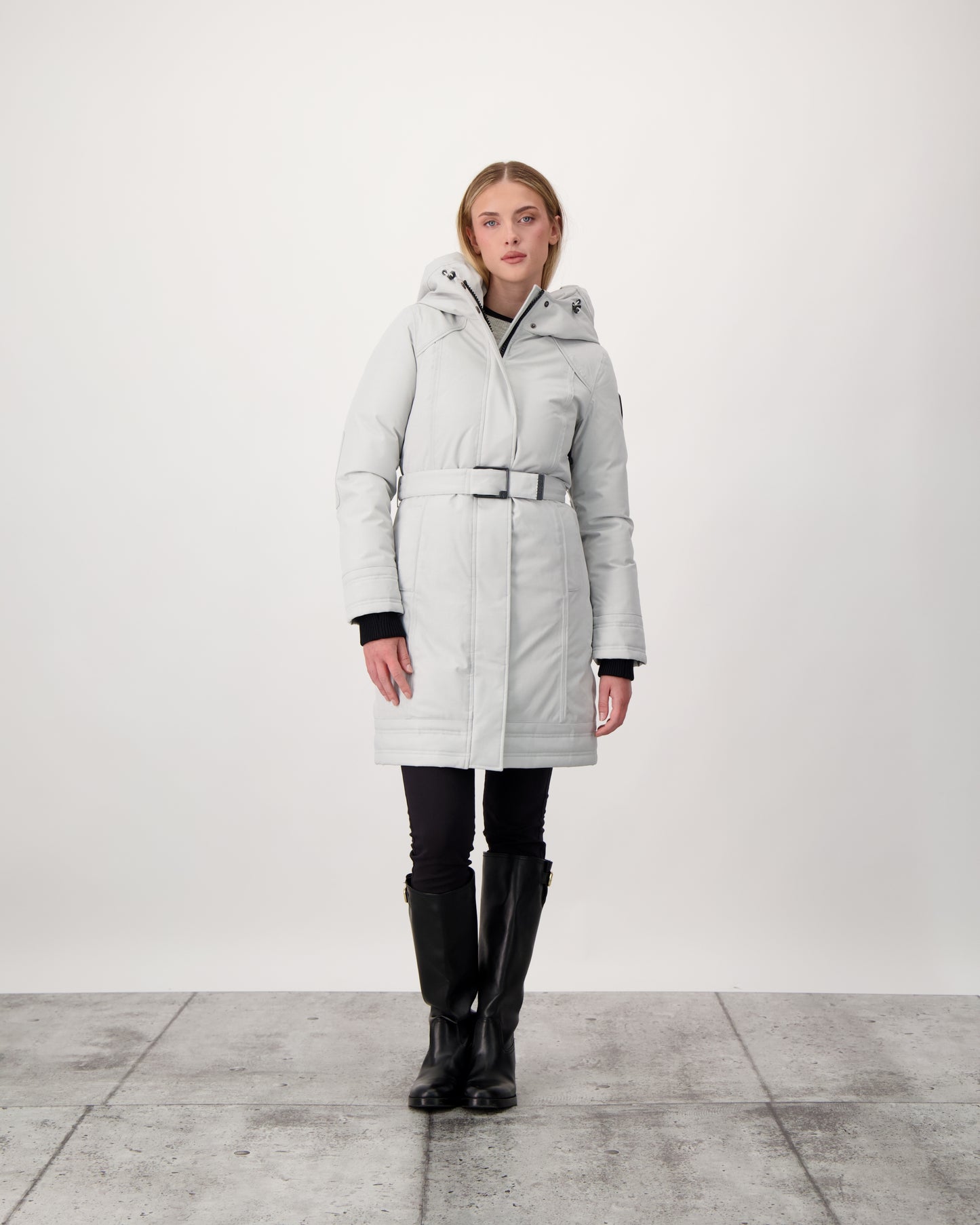 Women's Thigh length own parka with a furless oversized hood in CH Light Grey