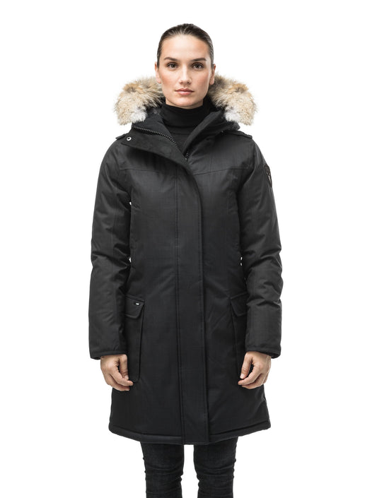 Women's knee length down filled parka with fur trim hood in CH Black + CH Black
