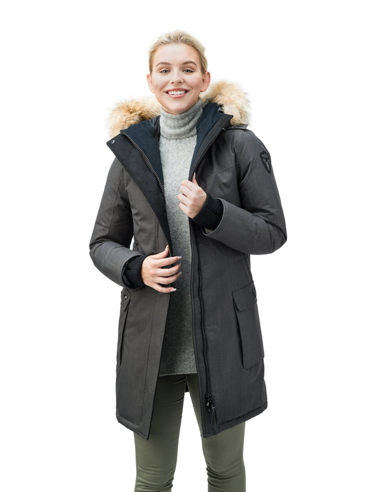 Women's knee length down filled parka with fur trim hood in CH Steel Grey + CH Steel Grey